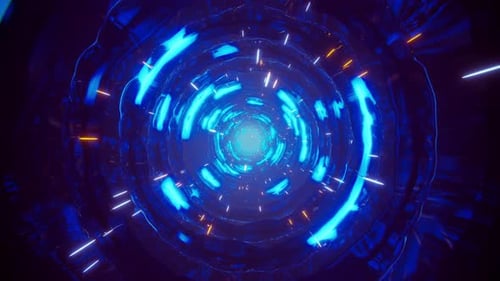 Flying through a fantasy tunnel with flowing blue neon light
