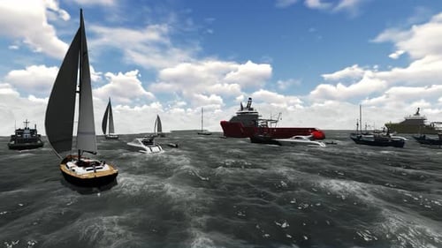 Animated Fleet of Ships and Boats on Choppy Sea