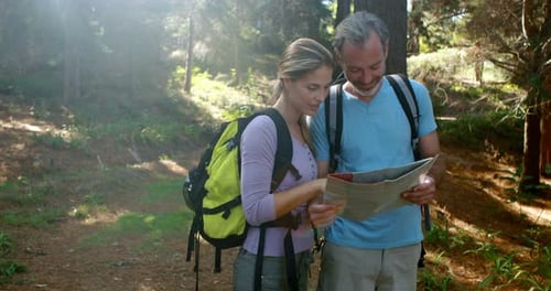 Couple Hiking Together Using Map in Forest