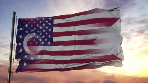 Ohio State Flag and USA Flag Waving Overlay at Sunset
