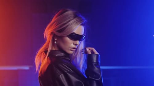 Stylish Woman Posing with Futuristic Sunglasses at Night