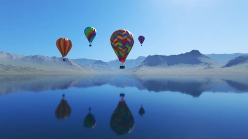 Multi-colored hot air balloons over the lake surrounded by mountains. Blue sky.