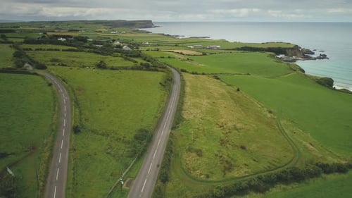 Aerial View Ireland Roads: Meadows, Green Fields with Grains. Irish Farms and Houses