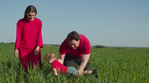 Family Plays Together in Rural Green Field