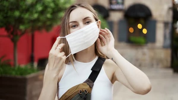 Woman Putting on Medical Mask for Coronavirus Protection Outdoors Front ...