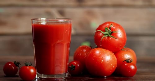 Ein Glas Tomatensaft dreht sich langsam.