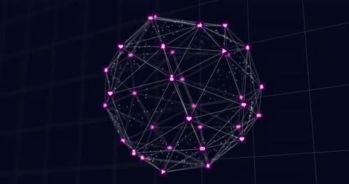Animation of purple network connections forming globe with social media icons on black background