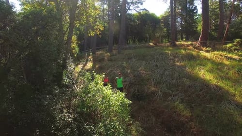 Couple jogging on forest path