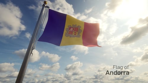 Realistic Andorra Flag Waving in Blue Sky with Clouds