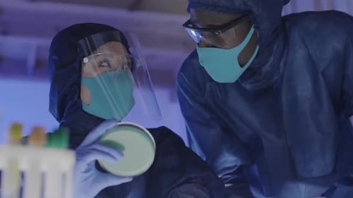 Scientists Examining Petri Dish in Lab with Protective Gear