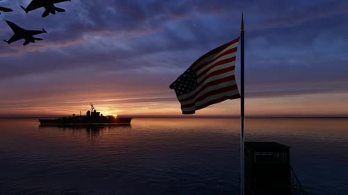 American Flag Warship and Fighter Jets at Sunset