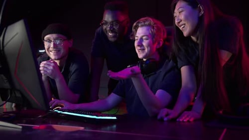 Friends Came to the Computer Club to Play Together Choose a Game Slow Motion