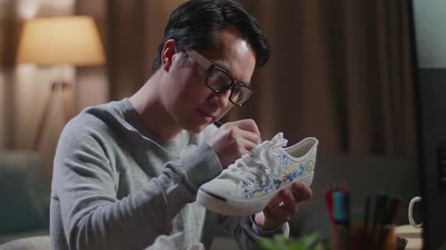 Adult Man Customizing Shoes with Paint at Home