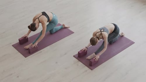 Two Sportswomen Stretching Their Legs in Gym