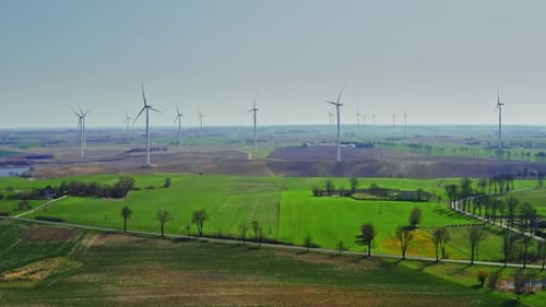 Farm of white wind turbines on spring field in sunny day