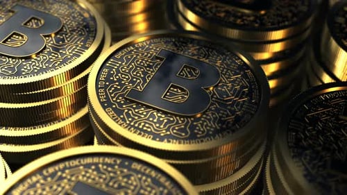 3D-Rendering einer Goldmünze Bitcoin, Blockchain-Technologie für Kryptowährung.