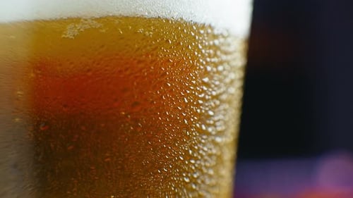 Makroaufnahme eines Bierglases mit kaltem Bier, Blasen steigen im Glas auf. Zeitlupen-Bierblasen.
