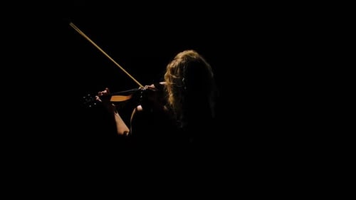Blonde Woman Skillfully Playing Violin in Dark Space