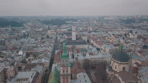 Aerial City Lviv, Ukraine. European City. Popular Areas of the City. Dominican