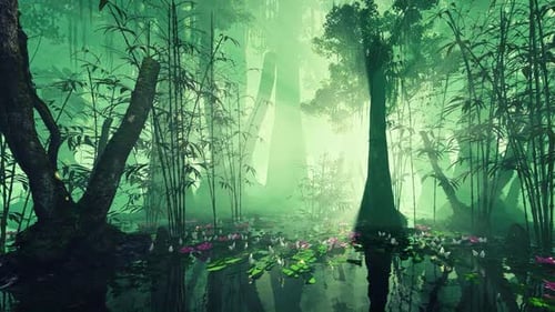 Animated Mystical Forest Swamp with Sun Rays and Water Lilies