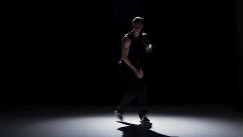 Breakdance Blonde Dancer in Black Suit Dance on Black, Shadow
