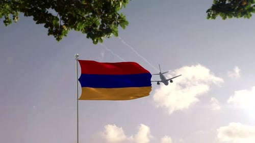 Armenia Flag With Airplane And City -3D rendering