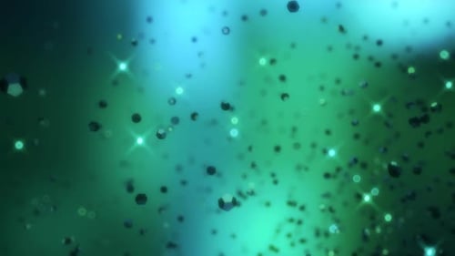 Floating Geometric Particles and Sparkles in Abstract Green Blue Background