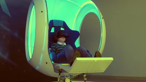 Boy Using Futuristic VR Headset in Pod Chair