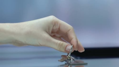 For Sale Inscription on Keychain, Woman Taking Key at Reception Desk, Realestate