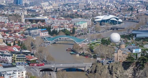 Time lapse shot of beautiful Tbilisi cityscape at morning. Geogia 2022 spring