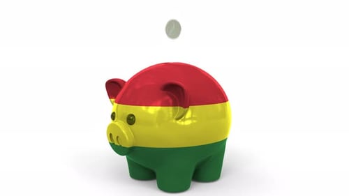 Coins Fall Into Piggy Bank Painted with Flag of Bolivia
