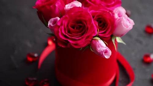 Roses Bouquet in Red Box with Heart Decorations