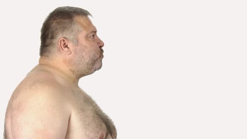 Hungry Fat Man Eating Burger Side View