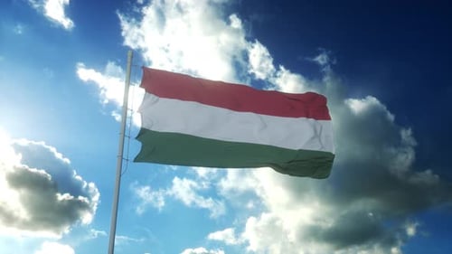 Hungary National Flag Waving Realistically Against Blue Sky