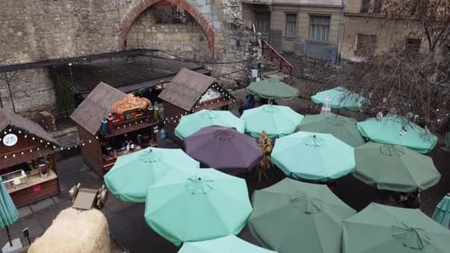 Aerial view of a drone flying over the Christmas fair.