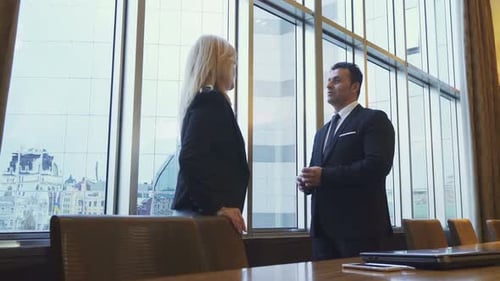 Business Man and Woman Are Standing By the Panoramic Window in Their Office