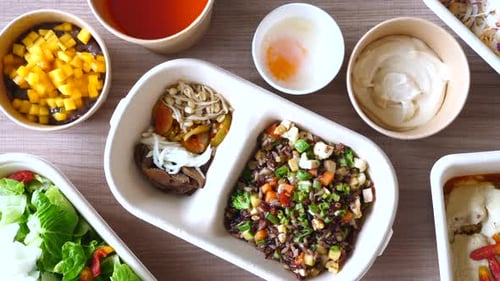 Delivery From Restaurant Eating Healthy Dinner with Rice Vegetables Lasagna