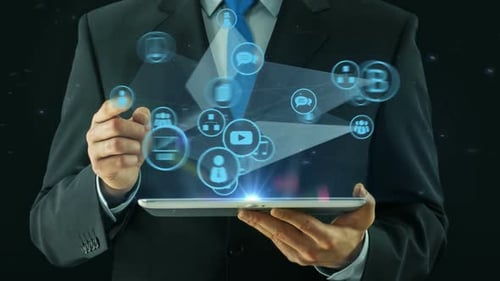 Tablet Pad noir pour homme d'affaires pointant du doigt sur Big Data Media Concept