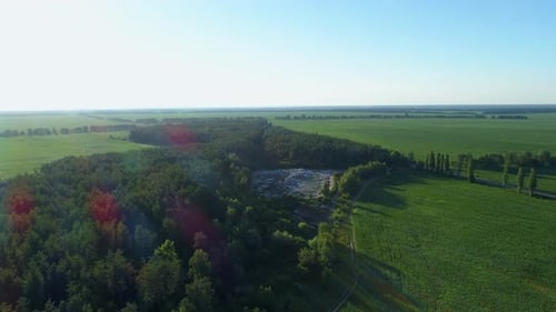 Aerial View Huge Rubbish Dump in Summer at Sunset or Sunrise Around the Forest