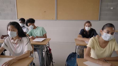 Multiethnic Group of Teenage Students Wearing Protective Masks Attend Classes in the High School