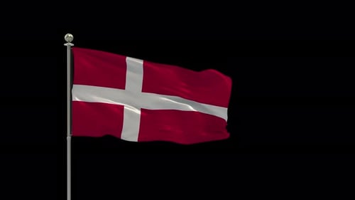 Realistic Denmark Flag Waving on Flagpole with Transparent Background