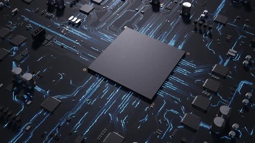 Zentralprozessor auf einer dynamischen 3D-Animation einer Leiterplatte.