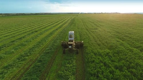 Tractor Harvesting Green Field Aerial View
