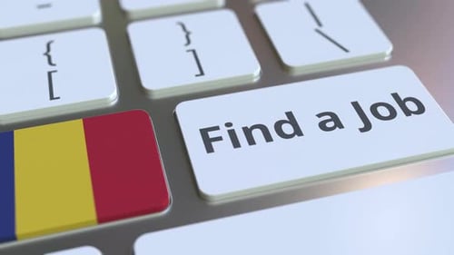 FIND A JOB Text and Flag of Romania on Computer Keyboard