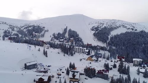 Fly over mountain ski resort