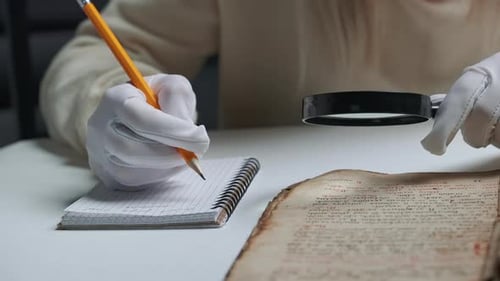 Un chercheur en gants de coton examine un livre ancien à la loupe