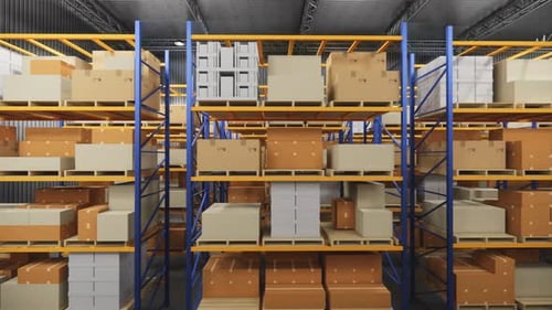 Warehouse with cardboard boxes inside on pallets racks, logistic