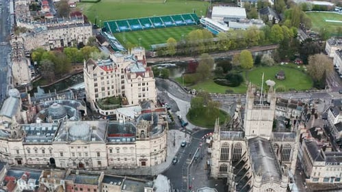 Drone shot over Bath Abbey central Bath UK