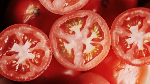 Reife rote, geschnittene Tomaten in Zeitlupe