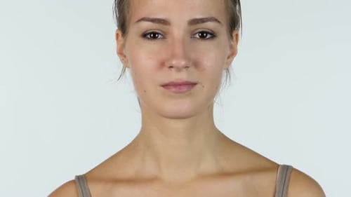 Portrait, Close up of Beautiful Girl Looking at Camera, White Background